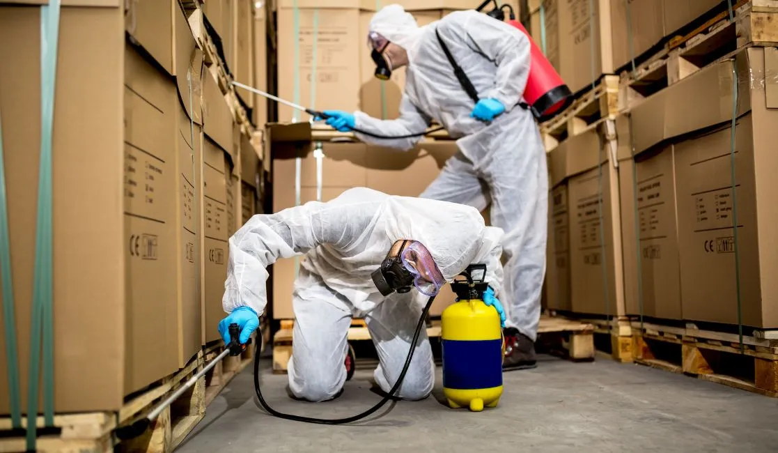 Pest control experts exterminating a warehouse